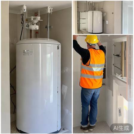 挂砖装热水器,螺栓固定调水平。