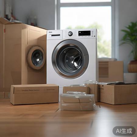 拆箱,展示新洗衣机及配件。